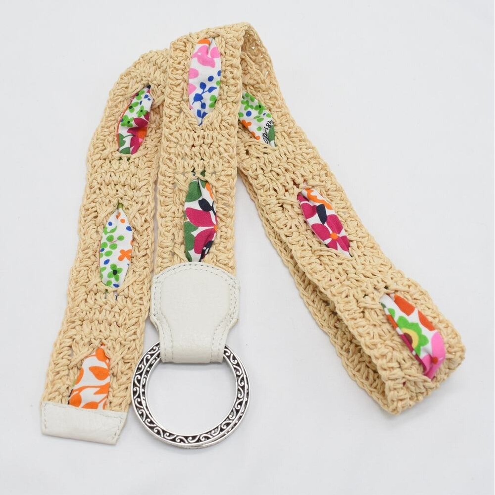 Brighton Multicolor Jute Woven Floral Fabric Belt Cream Silver Buckle M/L 45"